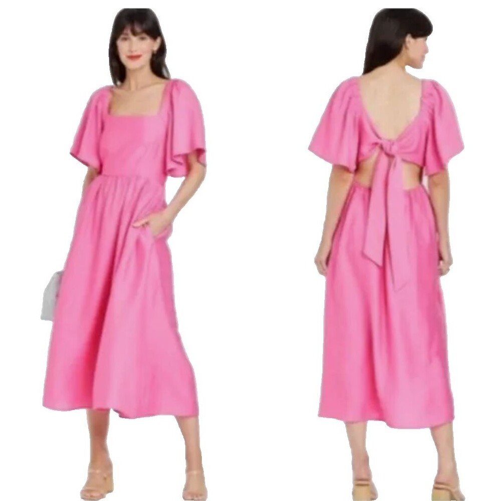 NWT Pink Bow Tie Midi Dress Sz. Medium A NEW DAY Barbie Summer Feminine Girly